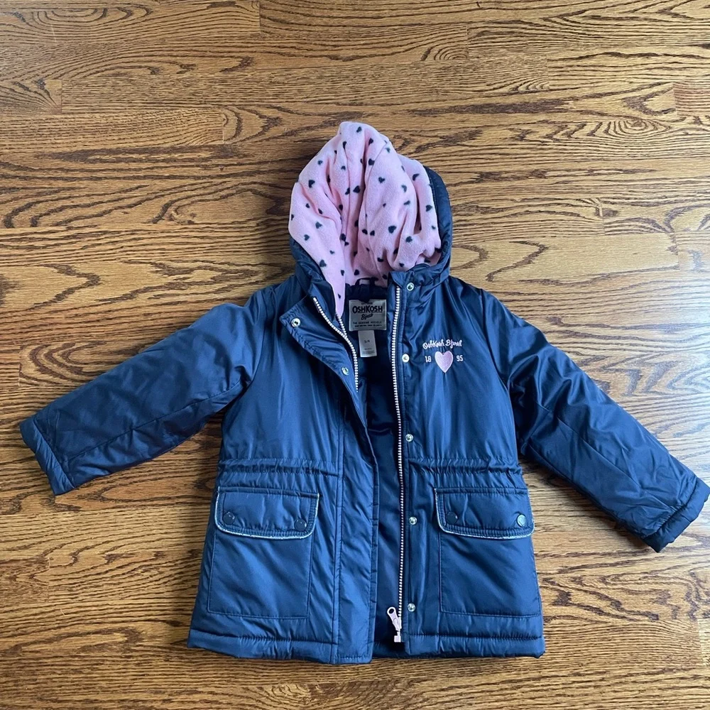 OshKosh Bgosh size 4 navy and pink Puffer jacket with hood - Picture 1 of 5